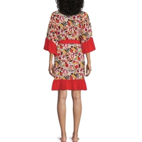 *NO BELT* The Pioneer M 8 10 Robe Kimono Red Floral Tropical Cover Up Lounge - Picture 3 of 8